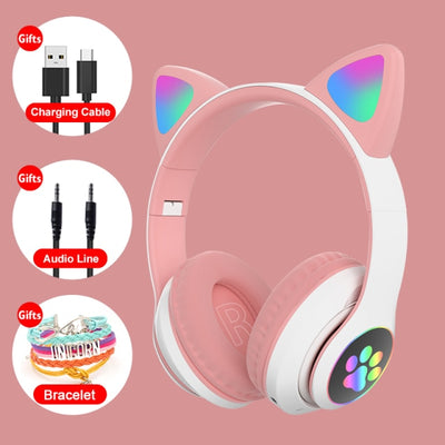 Auriculares con orejas de gato (opción para iluminar), Bluetooth, con micrófono y cancelación de ruido